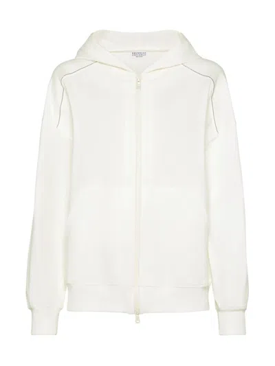 Brunello Cucinelli Cotton Sweatshirt With Double-slider Zip And Hood In White