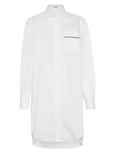 Brunello Cucinelli Women's Stretch Cotton Poplin Long Shirt With Shiny Pocket Detail In White
