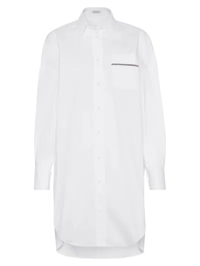 Brunello Cucinelli Stretch-cotton Poplin Monili-trim Longline Shirt In White