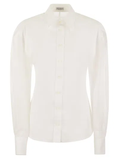 Brunello Cucinelli Women Stretch Cotton Poplin Shirt With Cotton Organza Sleeves And Necklace In Neutral