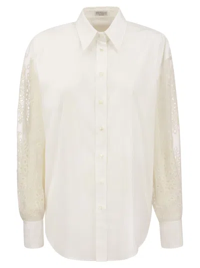 Brunello Cucinelli Women Stretch Cotton Poplin Shirt With Crispy Silk Broderie Anglaise Sleeve In White