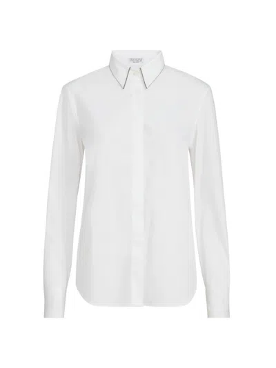 Brunello Cucinelli Women's Stretch Cotton Poplin Shirt With Shiny Collar In White