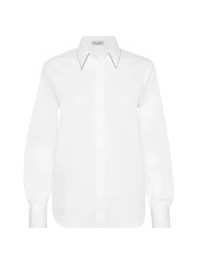 Brunello Cucinelli Stretch Cotton Poplin Shirt With Shiny Trim In Neutral