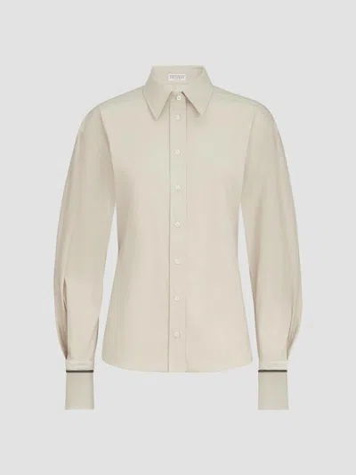 Brunello Cucinelli Stretch Cotton Poplin Shirt With Shiny Silk Cuffs In Neutral