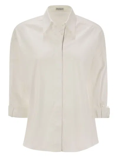 BRUNELLO CUCINELLI WOMEN'S STRETCH COTTON POPLIN SHIRT WITH SHINY TRIM