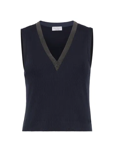 Brunello Cucinelli Women's Stretch Cotton Ribbed Jersey Cropped Top In Blue