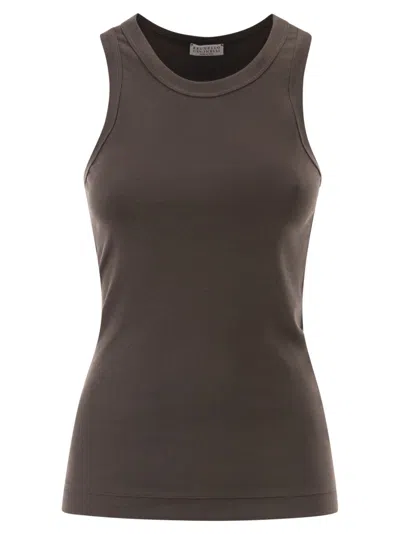 Brunello Cucinelli Women Stretch Cotton Ribbed Jersey Top With Monile In Brown