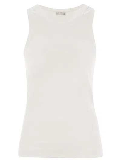Brunello Cucinelli Women Stretch Cotton Ribbed Jersey Top With Monile In White