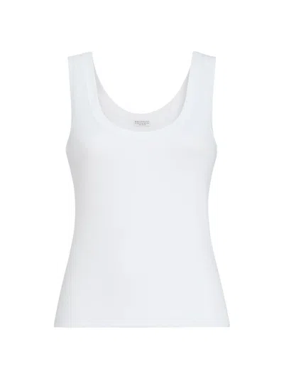 Brunello Cucinelli Women's Stretch Cotton Ribbed Jersey Top With Monili In White