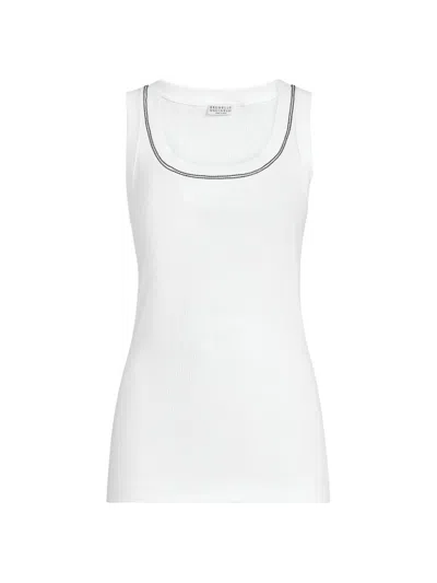 Brunello Cucinelli Women's Stretch Cotton Ribbed Jersey Top With Shiny Trim In White