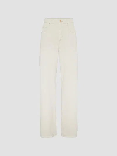 Brunello Cucinelli Women's Stretch Dyed Denim Loose Barrel Jeans With Monili In White