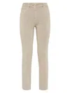 Brunello Cucinelli Women's Stretch Dyed Denim Slim Jeans With Shiny Leather Tab In Cool Beige