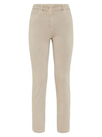 Brunello Cucinelli Women's Stretch Dyed Denim Slim Jeans With Shiny Leather Tab In Cool Beige