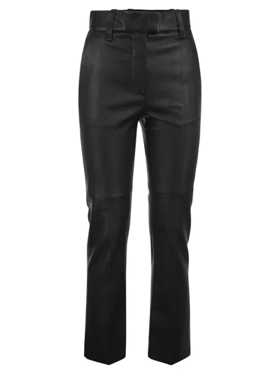 Brunello Cucinelli Women Stretch Nappa Leather Square Cigarette Trousers With Jewellery In Black