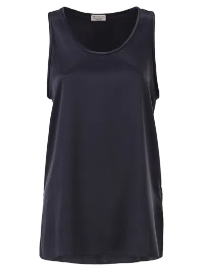 Brunello Cucinelli Women Stretch Silk Satin Crew Neck Top In Blue