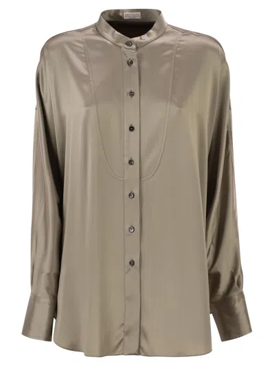 Brunello Cucinelli Women Stretch Silk Satin Mandarin Collar Shirt With Necklace In Brown