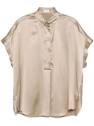 Brunello Cucinelli Women Stretch Silk Satin Short Sleeve Shirt With Monili In Beige