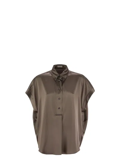 BRUNELLO CUCINELLI WOMEN'S STRETCH SILK SATIN SHORT-SLEEVED SHIRT WITH NECKLACE