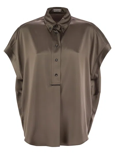 Brunello Cucinelli Women Stretch Silk Satin Short-sleeved Shirt With Necklace In Multicolor