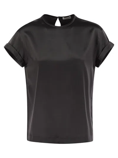 Brunello Cucinelli Women's Stretch Silk Satin T-shirt With Necklace In Black