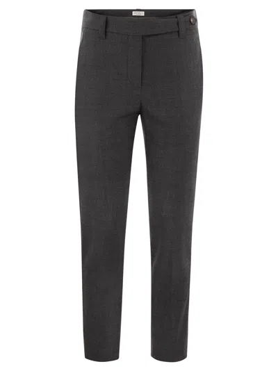 Brunello Cucinelli Stretch Virgin Wool Cigarette Trousers With Jewellery In Grey
