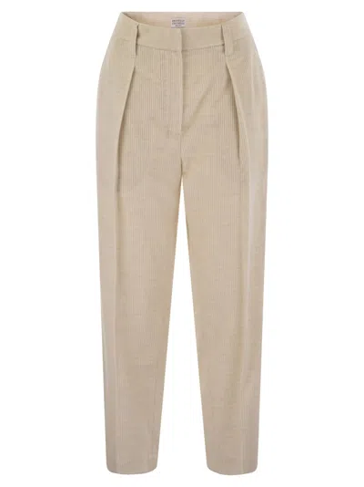 Brunello Cucinelli Women Striped Canvas Trousers In Viscose And Comfort Cotton With Necklace In Beige