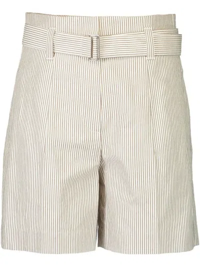 Brunello Cucinelli Women Striped Cotton And Linen Twill Formal Bermuda Shorts With Monili In Multicolor