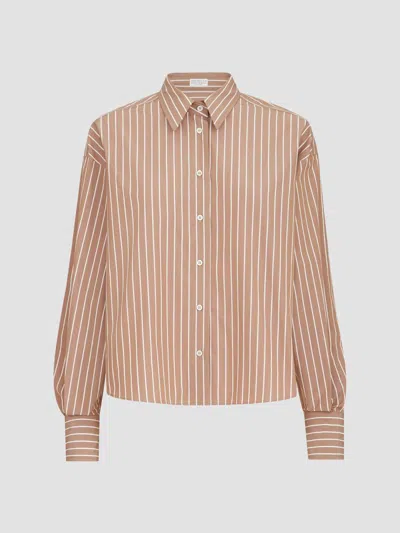 Brunello Cucinelli Striped Cotton Poplin Shirt In Brown