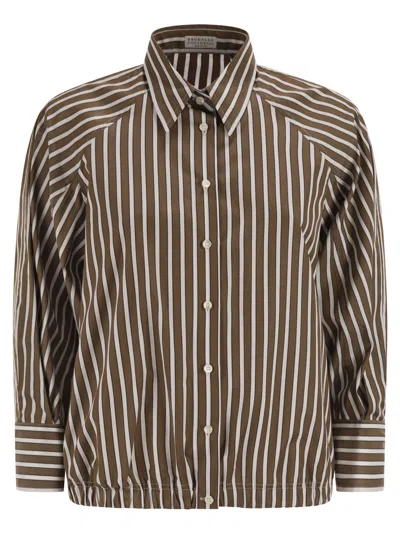 Brunello Cucinelli Brown Shirt With Monil Detail On The Collar And All-over Striped Motif In Cotton Woman In Multi