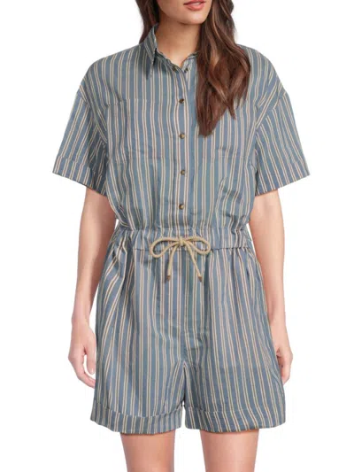 Brunello Cucinelli Women's Striped Cotton-silk Drawstring Romper In Blue