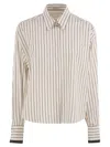 Brunello Cucinelli Long-sleeve Shirt With Vertical Stripes And Contrasting Cuffs In Neutral