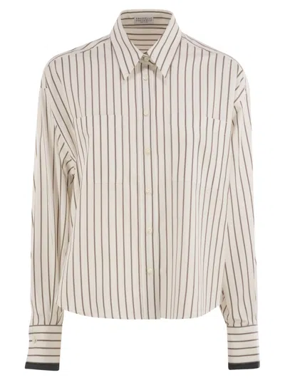 Brunello Cucinelli Women Striped Cotton Twill Shirt With Shiny Cuffs In Neutral