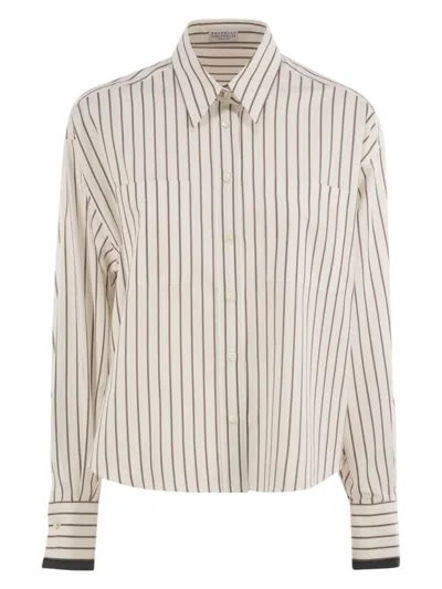 BRUNELLO CUCINELLI WOMEN'S STRIPED COTTON TWILL SHIRT WITH SHINY CUFFS