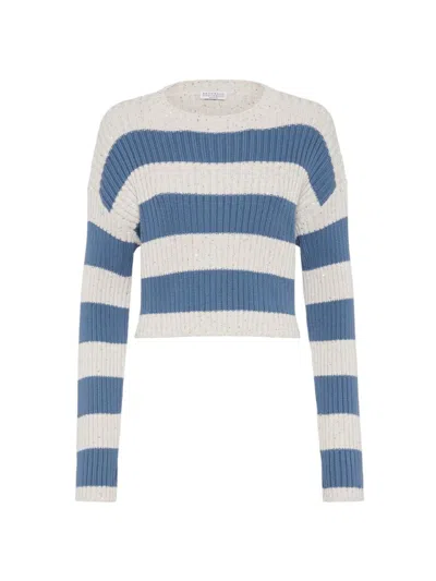 Brunello Cucinelli Women's Striped Dazzling Cropped Sweater In Light Denim
