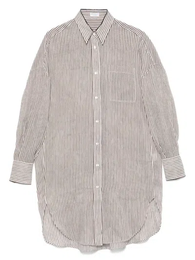 BRUNELLO CUCINELLI BRUNELLO CUCINELLI WOMEN STRIPED LINEN AND SILK ORGANZA LONG SHIRT WITH `SHINY` COLLAR DETAIL