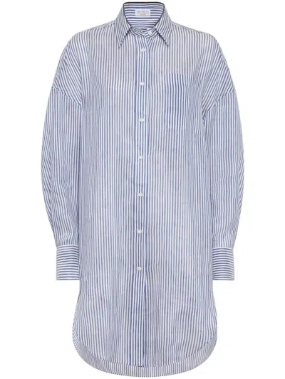 BRUNELLO CUCINELLI BRUNELLO CUCINELLI WOMEN STRIPED LINEN AND SILK ORGANZA LONG SHIRT WITH `SHINY` COLLAR DETAIL