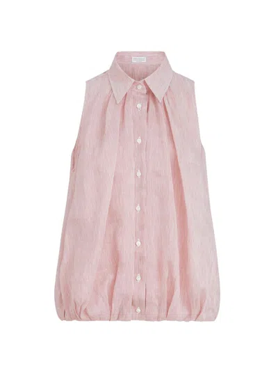 Brunello Cucinelli Women's Striped Linen And Silk Organza Sleeveless Shirt In Pink