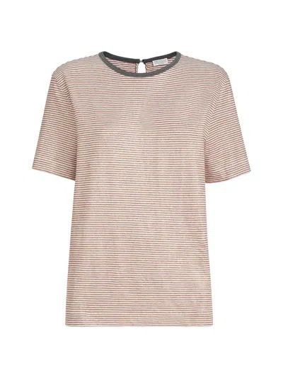 Brunello Cucinelli Women's Striped Linen Jersey T-shirt With Shiny Trim In Orange
