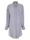 Brunello Cucinelli Linen And Silk Striped Organza Long Shirt With Shiny Collar Detail