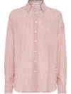 Brunello Cucinelli Bordeaux Stripe Linen-cotton Blend Shirt In Pink