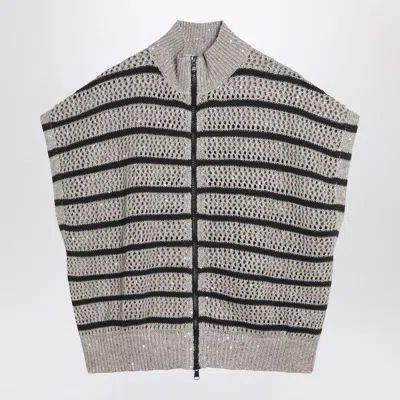 Brunello Cucinelli Women's Striped Mesh Cardigan In Linen Blend In Gray