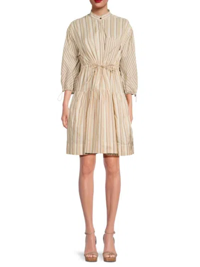 Brunello Cucinelli Gestreiftes Kleid Aus Popeline Aus Einer Baumwoll-seidenmischung Mit Zierperlen In Cream Beige