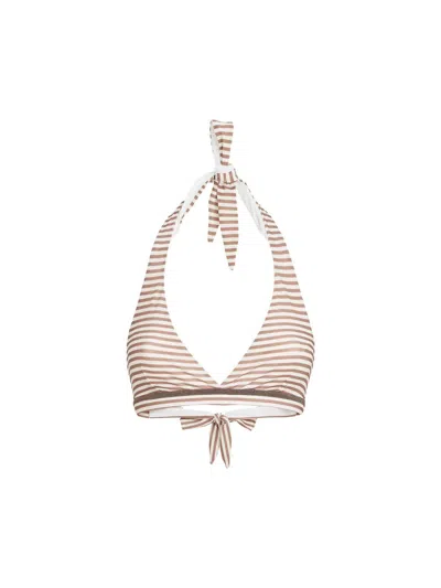 Brunello Cucinelli Striped Techno Jersey Bikini Top With Precious Trim In Neutral