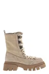 Brunello Cucinelli Suede And Canvas Boots With Precious Eyelets In Beige