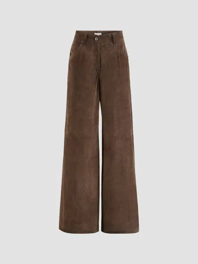 Brunello Cucinelli Suede Baggy Trousers With Monili In Brown