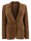 Brunello Cucinelli Beige Single-breasted Blazer Jacket With Pointed Lapels In Suede Woman In Brown