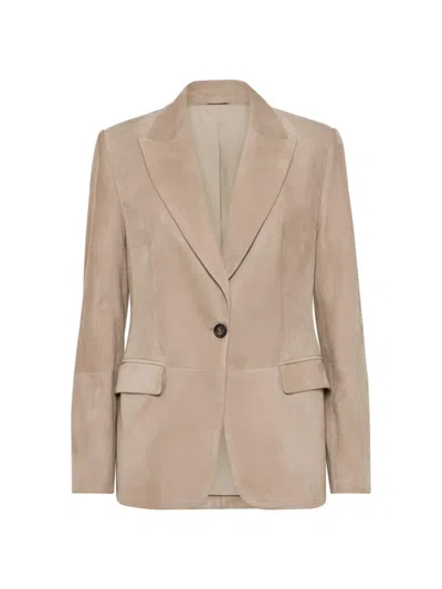 Brunello Cucinelli Women's Suede Blazer With Monili In Bark