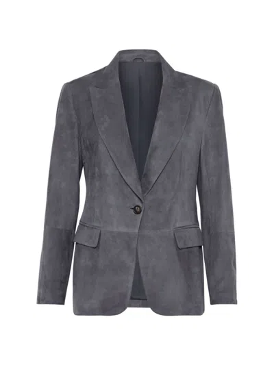 Brunello Cucinelli Suede Single-breasted Blazer In Lead