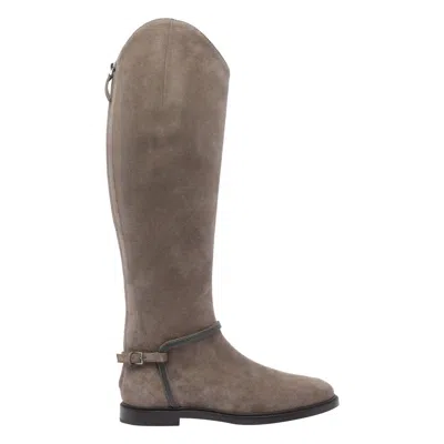 Brunello Cucinelli Women Suede Boots With Monile Detail In Gray