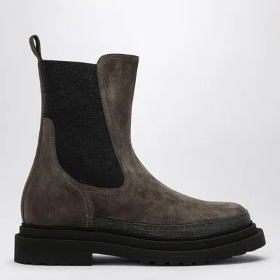 Brunello Cucinelli Chunky Sole Suede Ankle Boots With Contrast Panel In Brown